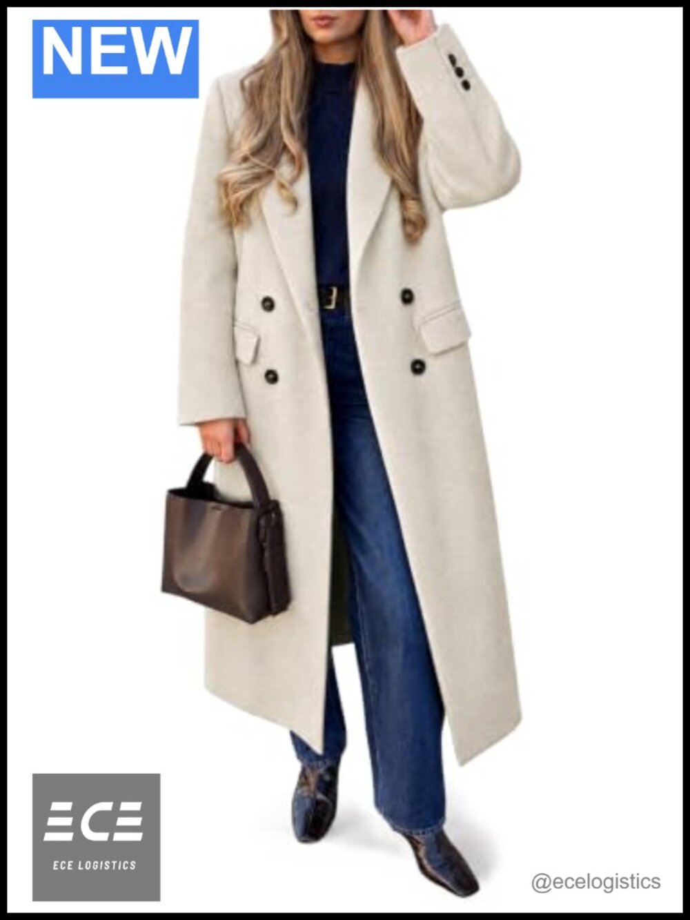Womens Double Breasted Pea Coat Notch Lapel Mid Long Work Overcoat